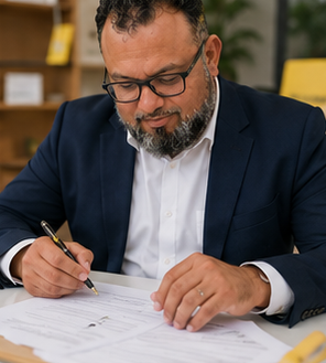 Junaid Ally signing a sale contract with a client