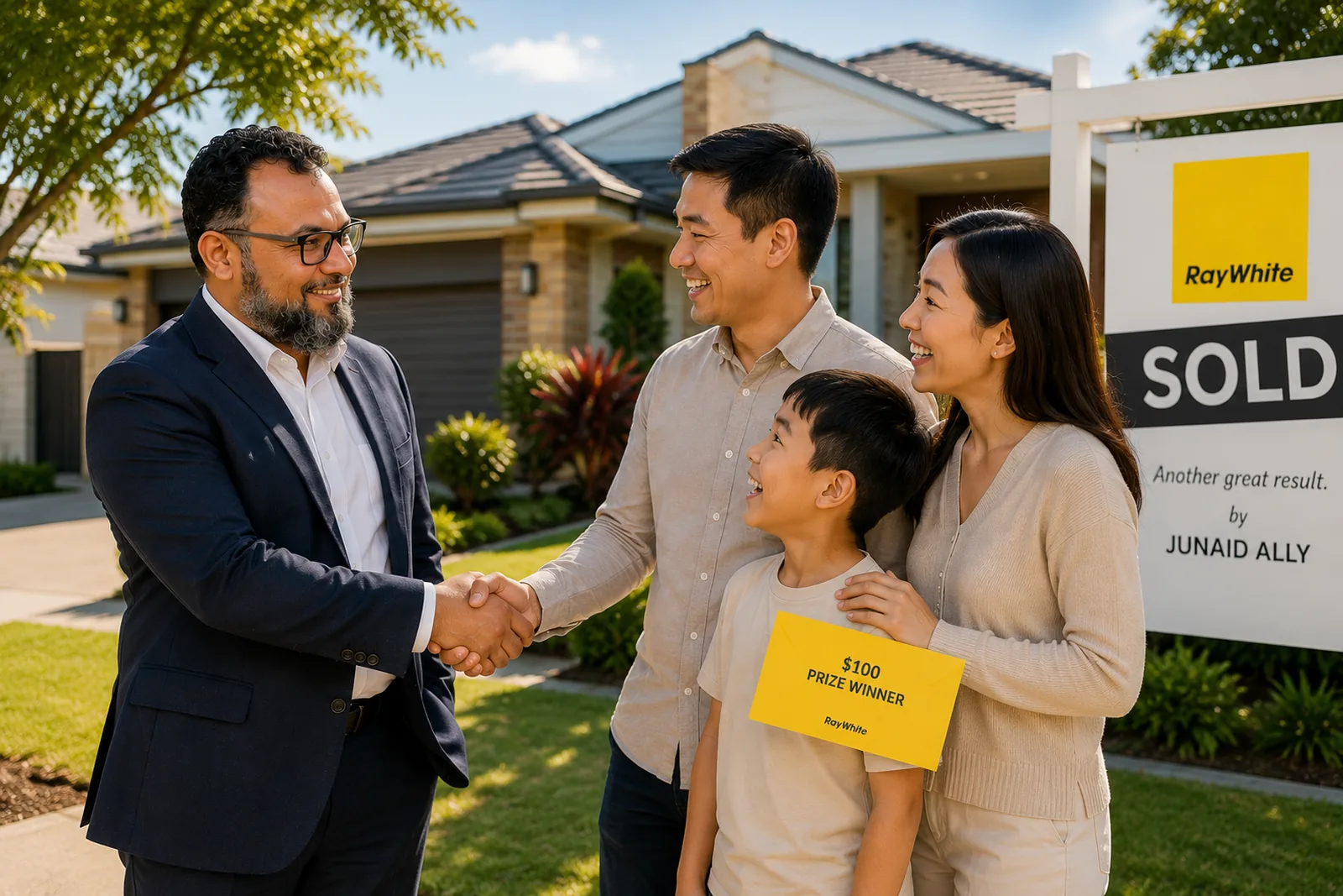 Junaid Ally congratulating a Brisbane family after they win the Guess the Sale Price competition