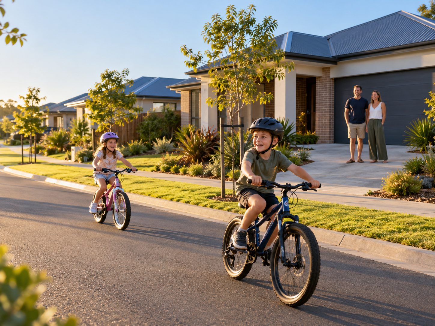 Children riding bikes on a quiet new residential street while their parents watch from the driveway