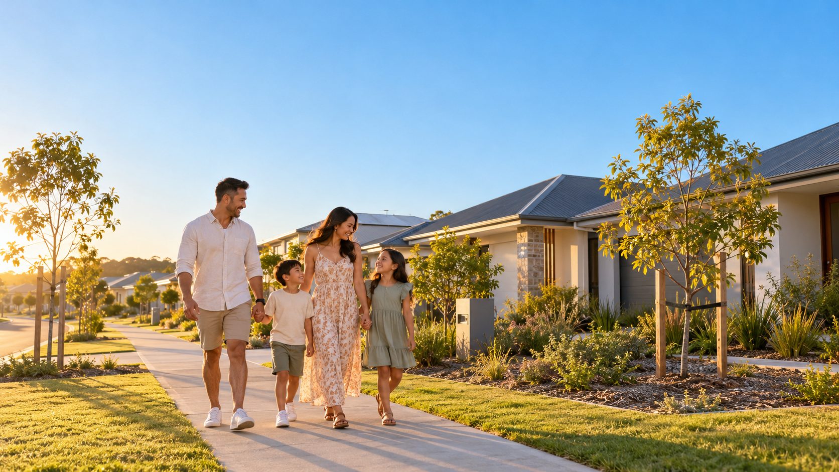 Family walking together along a footpath in a new suburban street at golden hour