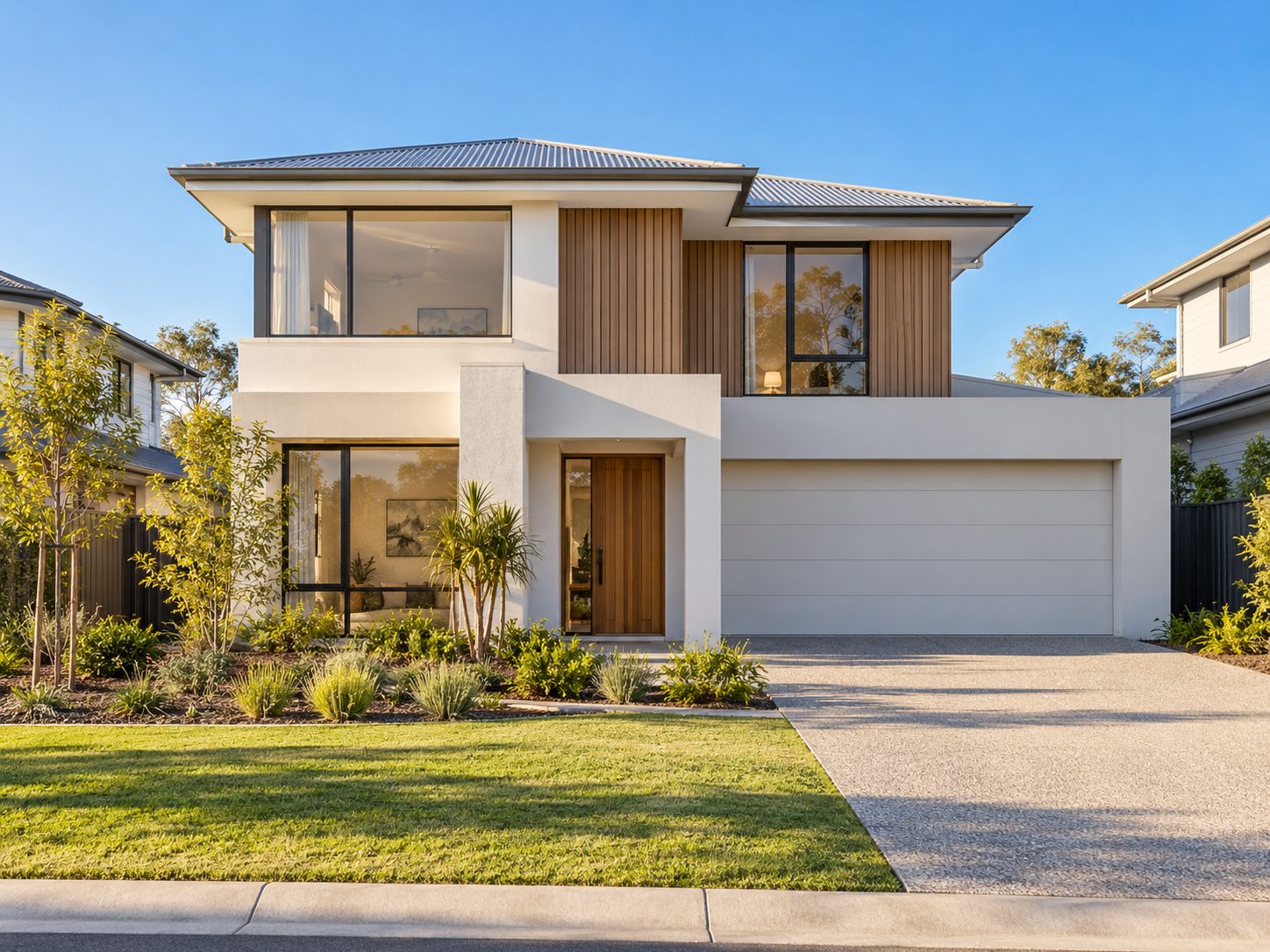 Contemporary double-storey home with render and timber cladding