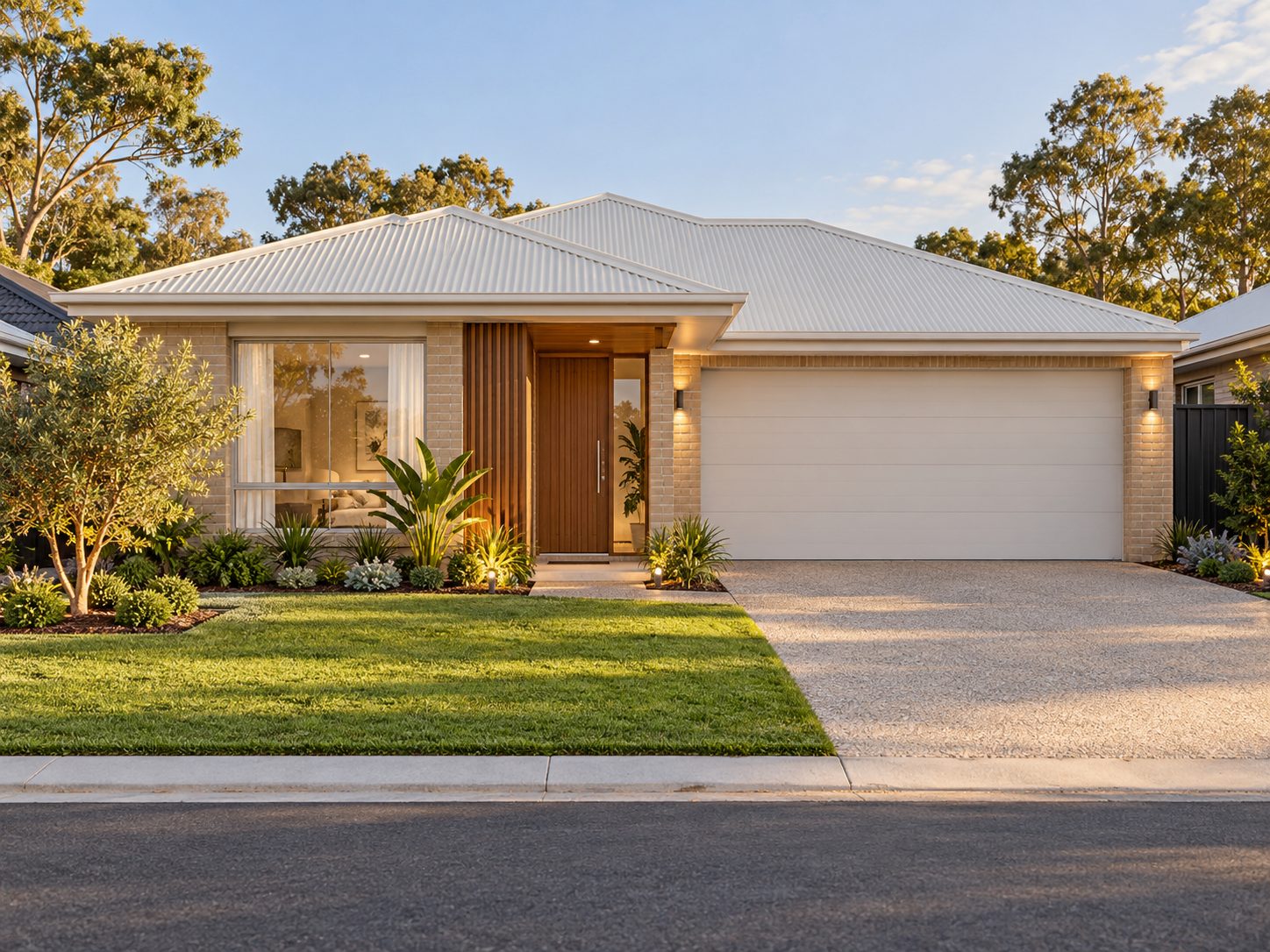 Single-storey light brick home with a timber entry and landscaped front garden