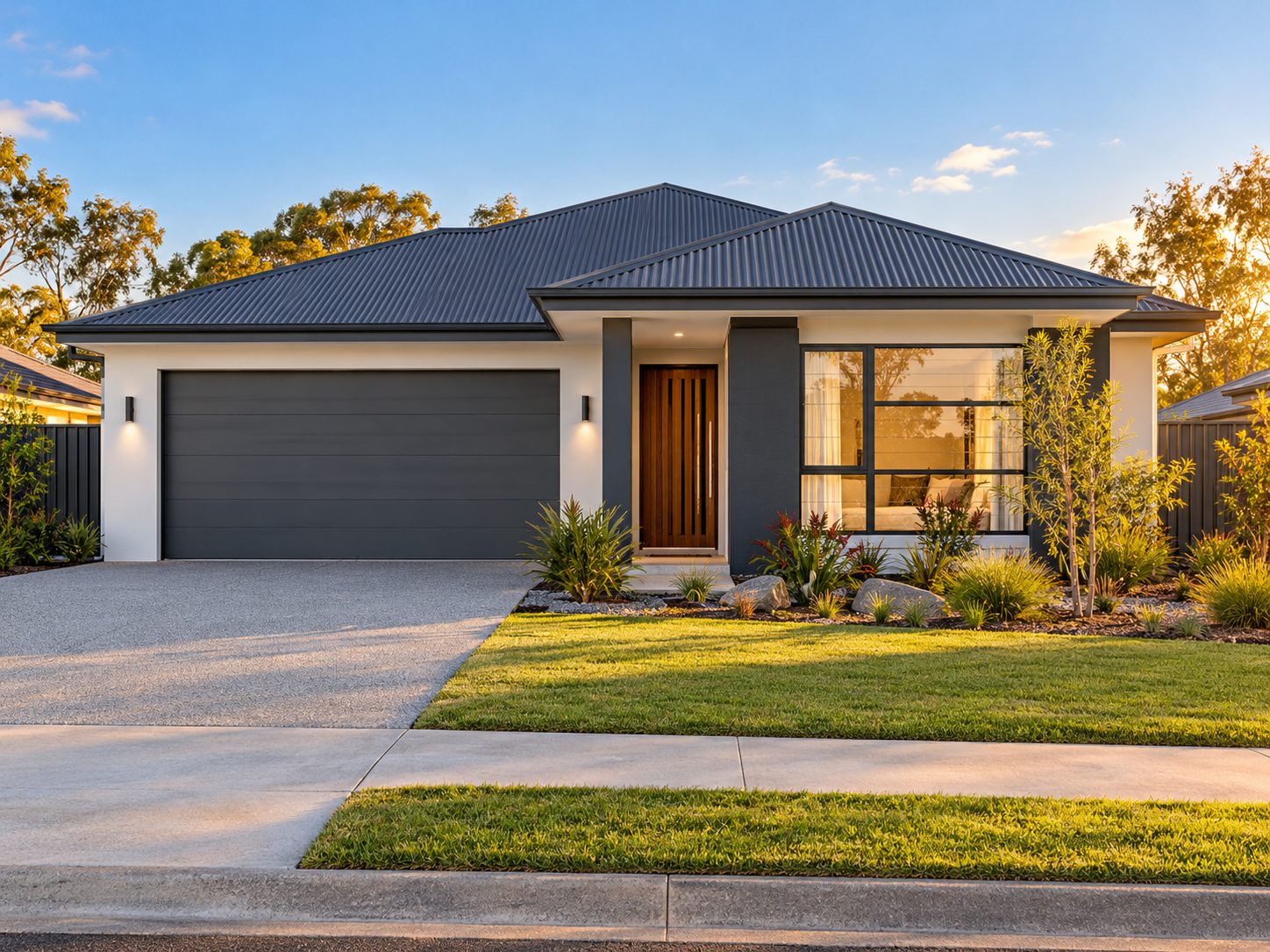 Modern single-storey home with white render, charcoal accents and a double garage