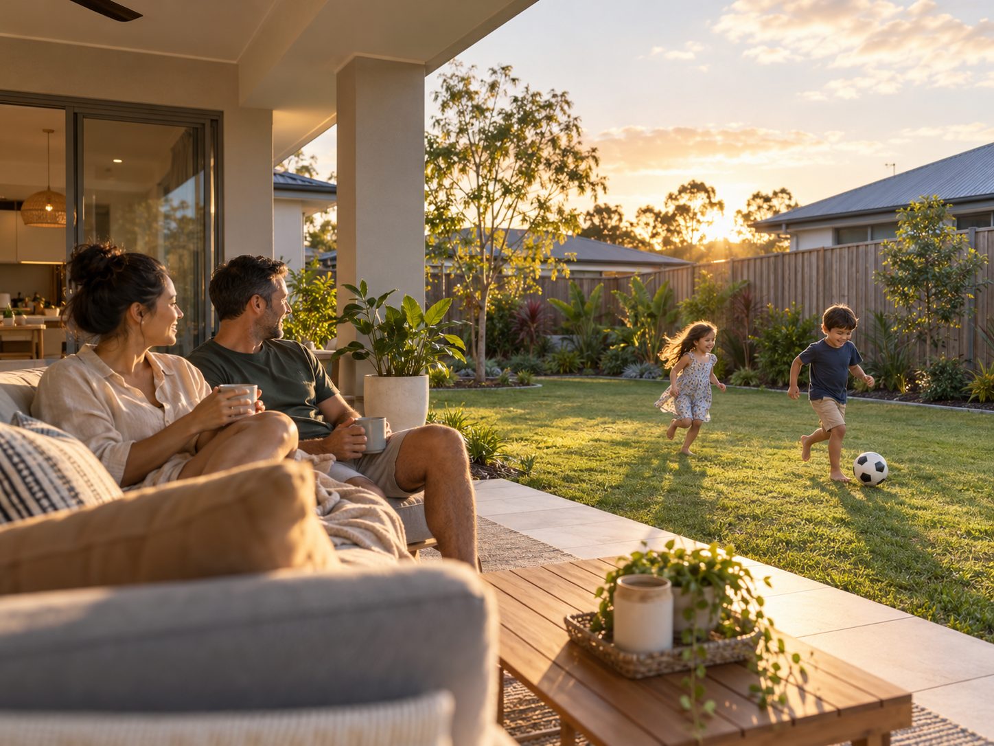 Parents relaxing on a covered patio while their children play on the backyard lawn