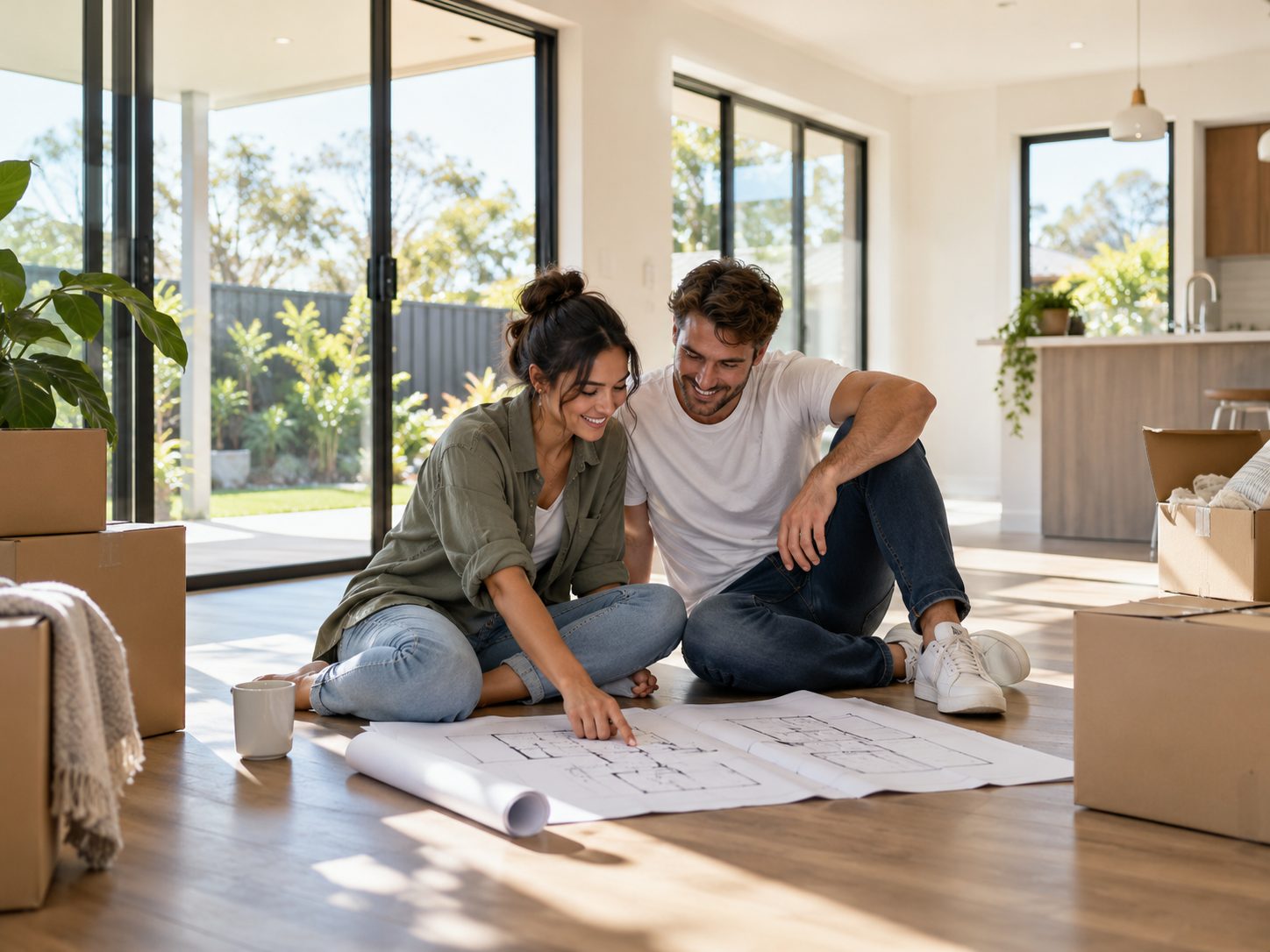 Young couple sitting on the floor of a new home looking at house plans