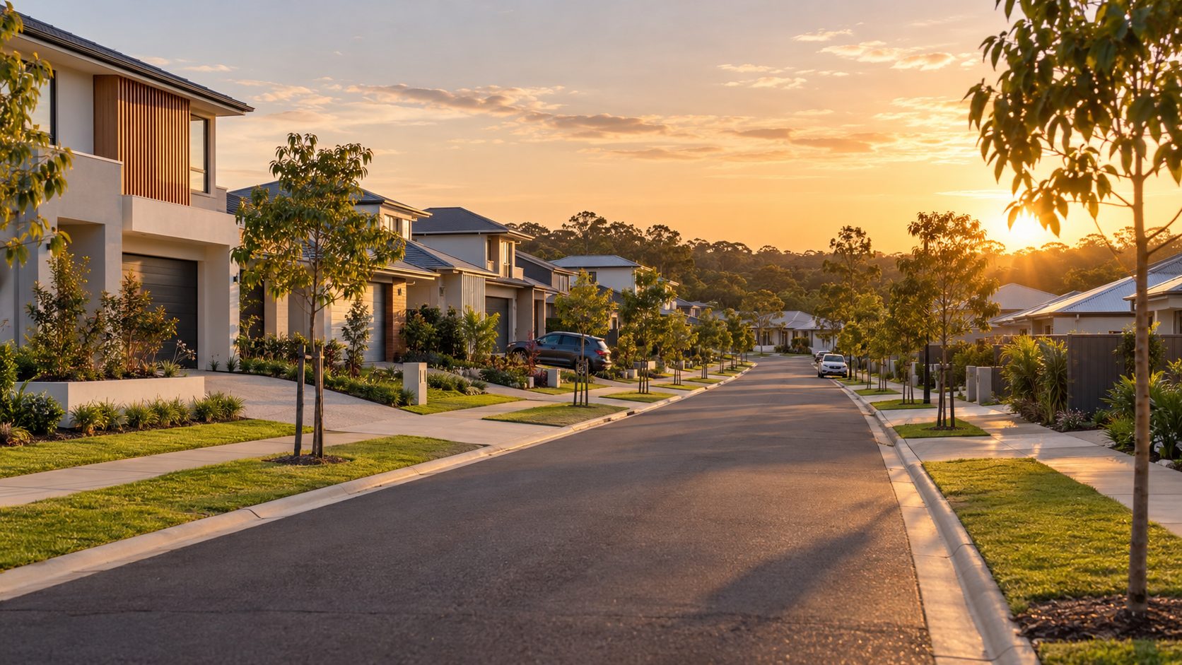 Artist's impression of a finished new residential street at sunset
